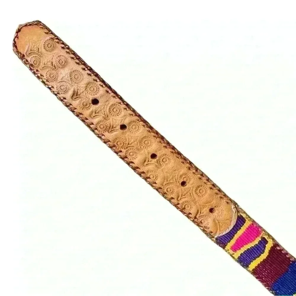 Vintage Embossed Leather & Woven Textile Belt Made in Guatemala Size 28